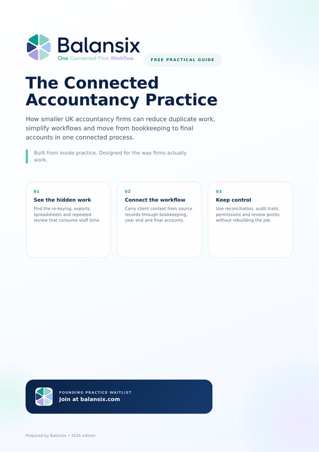 Cover of The Connected Accountancy Practice, a free 50-page guide for UK accountancy firms by Balansix