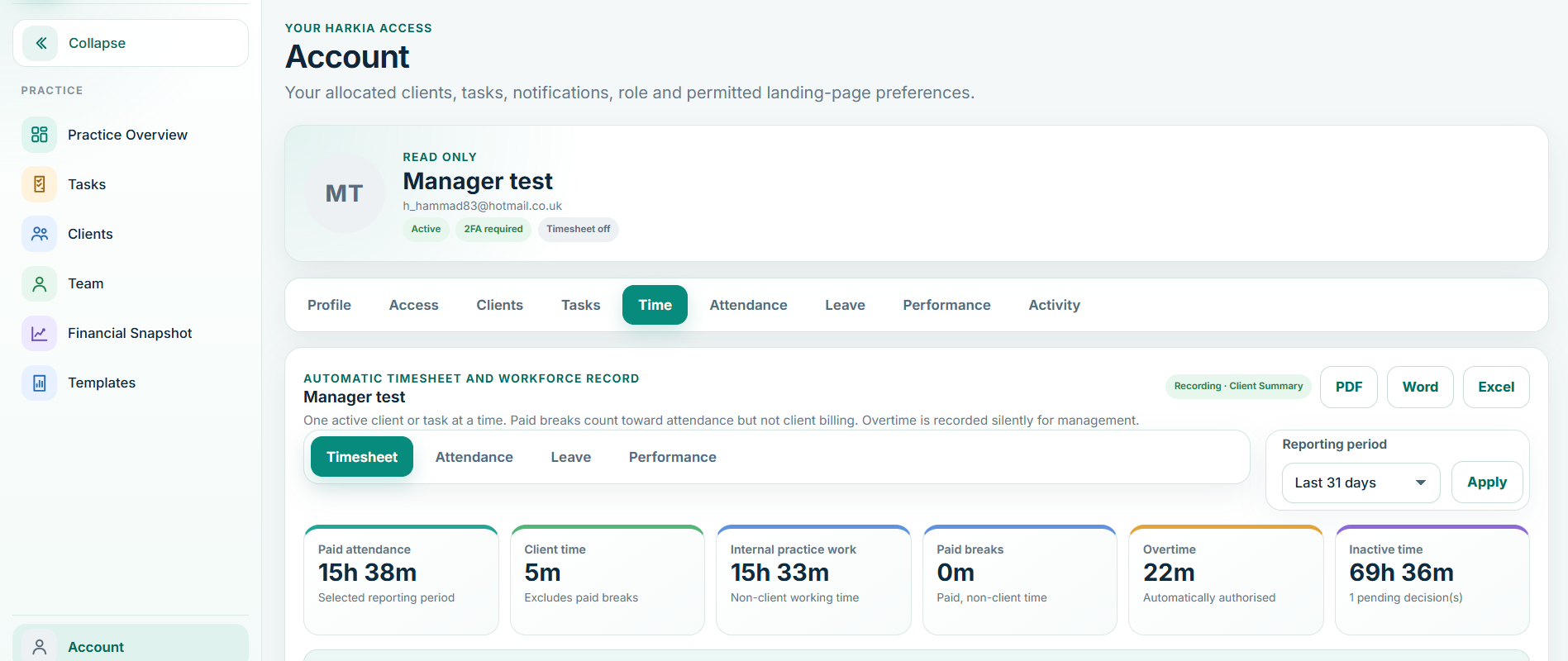 Balansix account and time view