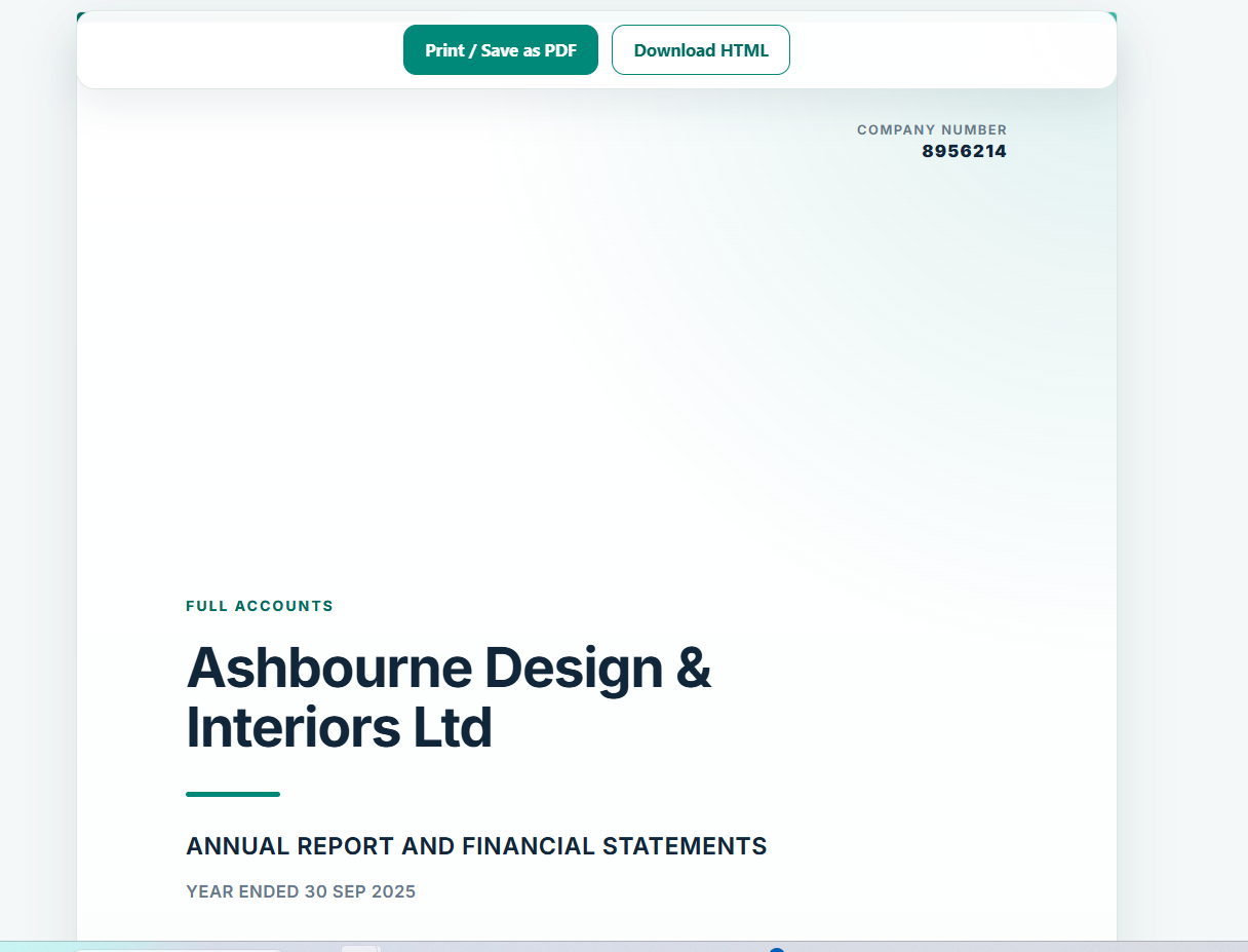Balansix final accounts preview for Ashbourne Design and Interiors Ltd